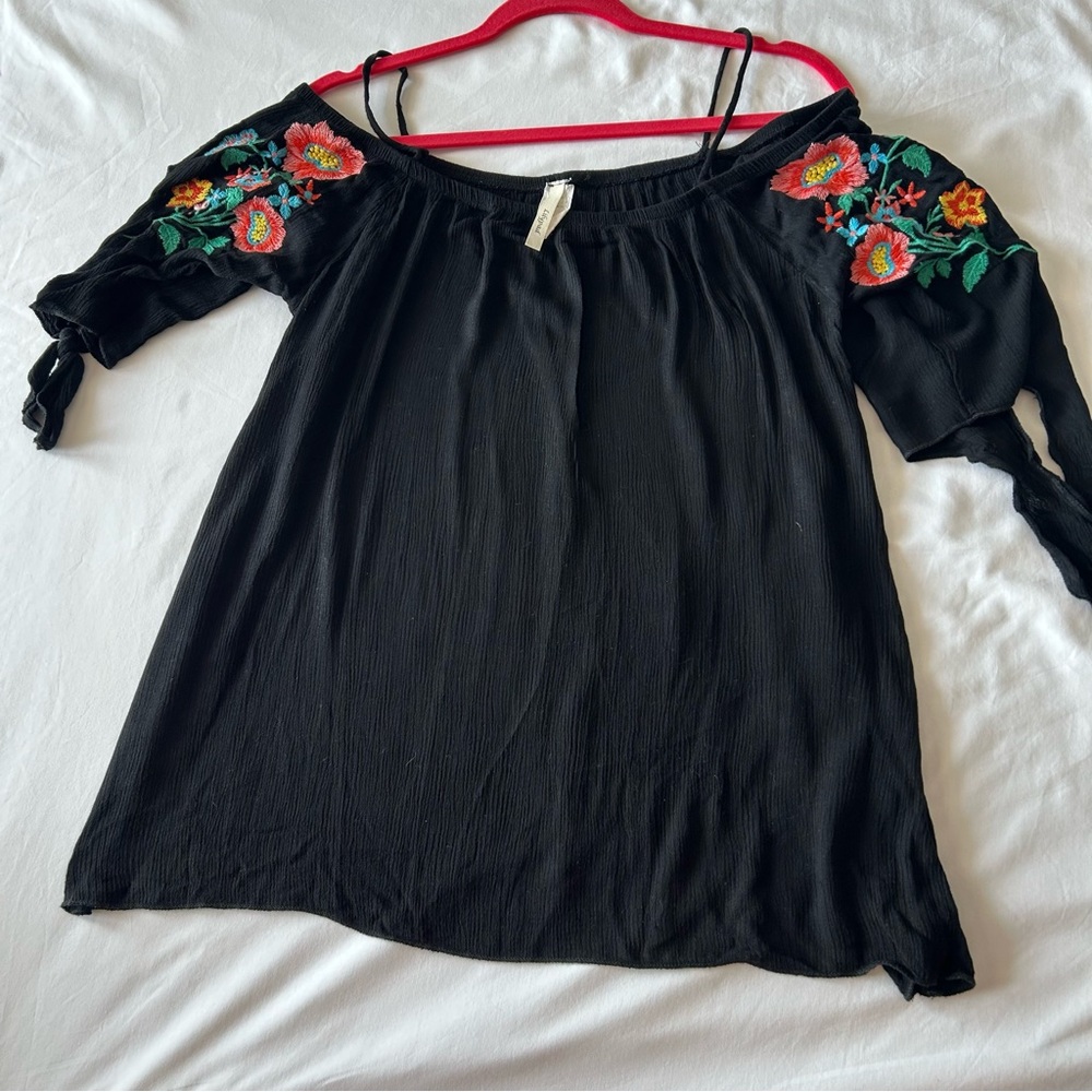 Black Off-Shoulder Top with Floral Embroidery